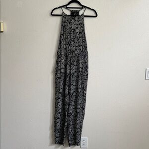 Roxy Sleeveless Halter Split-Back Jumpsuit Elastic Waist Black/White Floral M